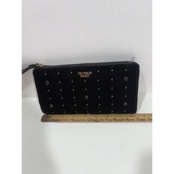 VICTORIAS SECRET VELVET STUDDED CLUTCH WRISTLET WALLET PURSE BLACK GOLD‎ - Picture 5 of 7
